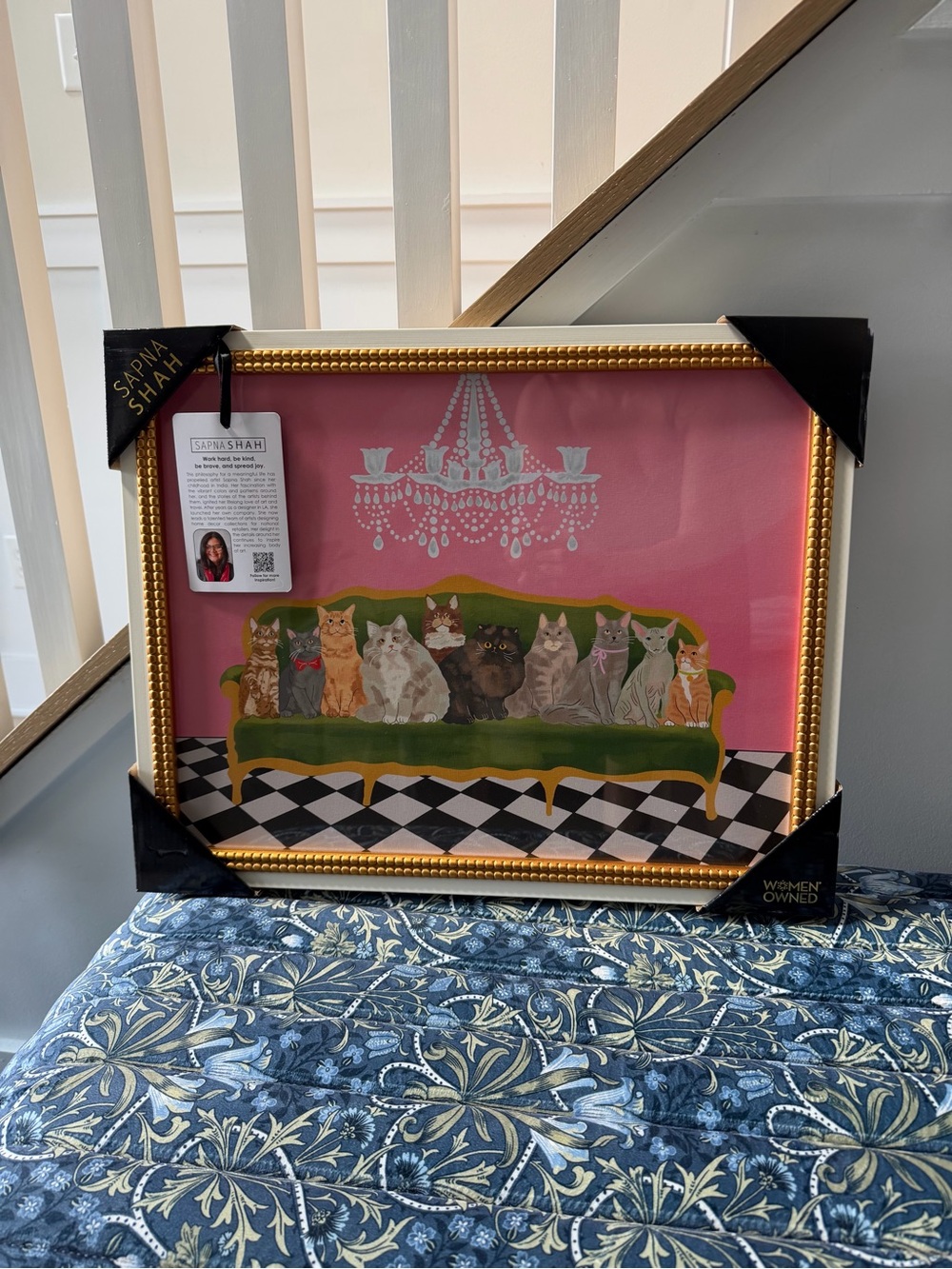 Sapna Shah Pink Cats on green Sofa framed wall art